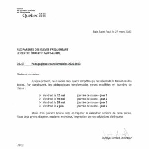 Avis aux parents – Journées pédagogiques transformables 22-23